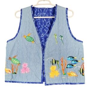 Embroidered‎ Ocean Life Vest Sleeveless Reversible Coastal Beachy Blue Unique